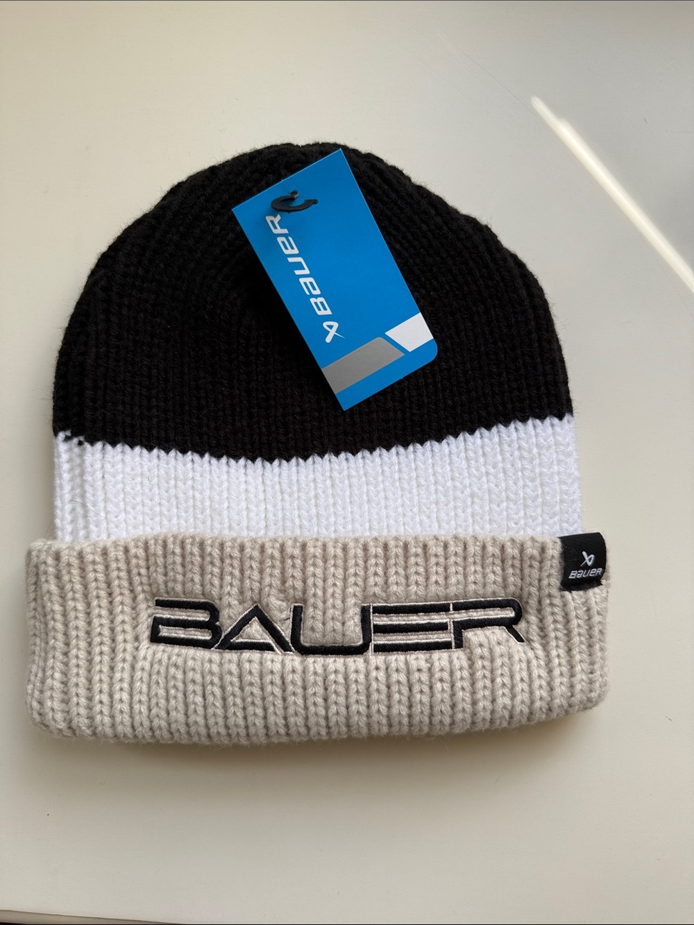 Bauer Black White Beige Ribbed Cuff Logo Beanie